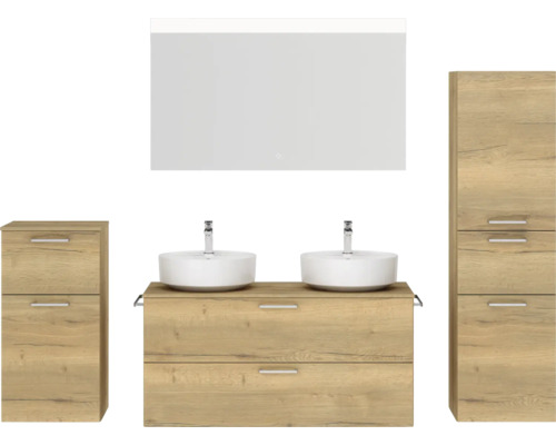 Doppel-Badmöbel-Set NOBILIA Modern BxHxT 200 x 169,1 x 49 cm Frontfarbe eiche hell mit Spiegel mit LED-Beleuchtung Unterschrank Midischrank Griff chrom matt 839 Badezimmermöbel-Set mit Doppelwaschtisch, Spiegelschrank und Hochschrank