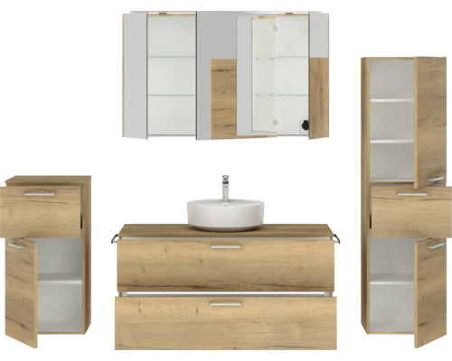 Badezimmermöbelset mit Waschbecken, Unterschrank, Spiegelschrank und Hochschrank