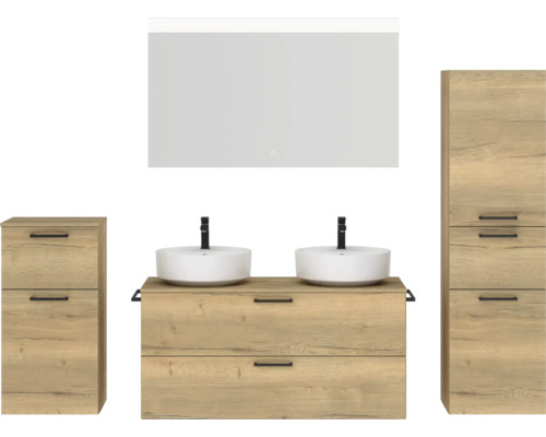 Doppel-Badmöbel-Set NOBILIA Modern BxHxT 200 x 169,1 x 49 cm Frontfarbe eiche hell mit Spiegel mit LED-Beleuchtung Unterschrank Midischrank Griff schwarz 838 Badezimmerensemble mit Waschtisch, Waschbecken, Spiegelschrank und Hochschrank