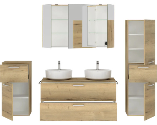 Badezimmermöbelset mit Waschbecken, Unterschrank, Spiegelschrank und Hochschrank