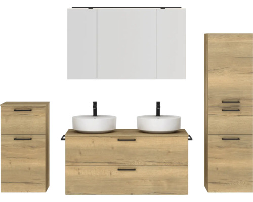 Doppel-Badmöbel-Set NOBILIA Modern BxHxT 200 x 169,1 x 49 cm Frontfarbe eiche hell mit Spiegelschrank mit LED-Beleuchtung Unterschrank Midischrank Griff schwarz 846 Badezimmerensemble mit Waschbecken, Waschtisch, Spiegelschrank und Hochschrank