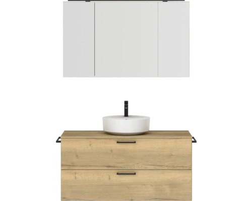 Badmöbel-Set NOBILIA Modern BxHxT 120 x 169,1 x 49 cm Frontfarbe eiche hell mit Spiegelschrank mit LED-Beleuchtung Griff schwarz 774