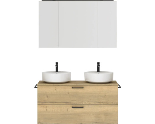 Doppel-Badmöbel-Set NOBILIA Modern BxHxT 120 x 169,1 x 49 cm Frontfarbe eiche hell mit Spiegelschrank mit LED-Beleuchtung Griff schwarz 830