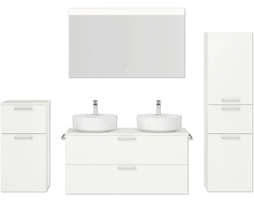 Doppel-Badmöbel-Set NOBILIA Modern BxHxT 200 x 169,1 x 49 cm Frontfarbe weiß mit Spiegel mit LED-Beleuchtung Unterschrank Midischrank Griff chrom matt 833 Badezimmer-Set mit Waschtisch, Waschbecken, Spiegelschrank und Hochschrank