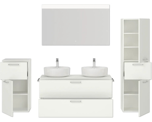 Badezimmer Set mit Waschtischunterschrank, Aufsatzwaschbecken, Spiegelschrank und Hochschrank