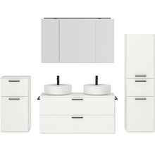 Badezimmer-Set mit Waschtisch, zwei Waschbecken, Spiegelschrank und Hochschränken