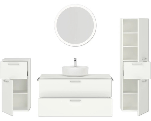 Weißes Badezimmer-Set mit Waschtisch, Waschbecken, Spiegelschrank und Hochschrank