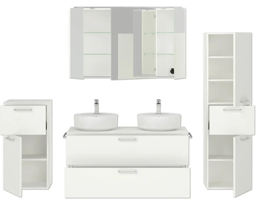 Badezimmermöbel-Set mit Waschbecken, Unterschrank, Spiegelschrank und Hochschrank