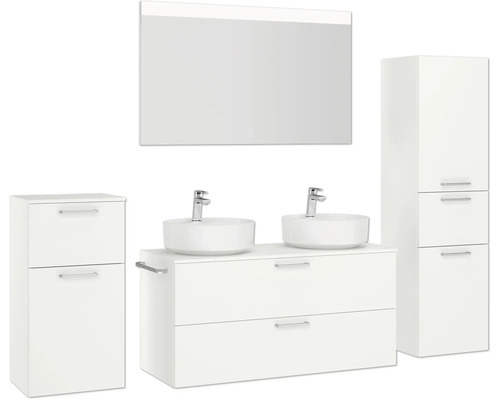 Badezimmer-Set mit Waschbecken, Unterschrank, Spiegelschrank und Hochschrank