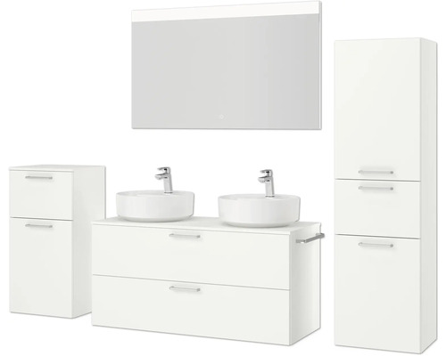 Komplettes Badezimmerset mit Spiegel, Waschbecken, Waschtisch und Hochschrank