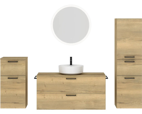 Badmöbel-Set NOBILIA Modern BxHxT 200 x 169,1 x 49 cm Frontfarbe eiche hell mit Spiegel rund mit LED-Beleuchtung Unterschrank Midischrank Griff schwarz 806 Badezimmerensemble mit Waschtisch, Spiegel und Hochschrank