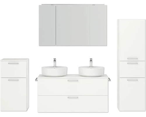 Doppel-Badmöbel-Set NOBILIA Modern BxHxT 200 x 169,1 x 49 cm Frontfarbe weiß mit Spiegelschrank mit LED-Beleuchtung Unterschrank Midischrank Griff chrom matt 841 Badezimmermöbelset mit Waschbecken, Waschtisch, Spiegelschrank und Hochschrank