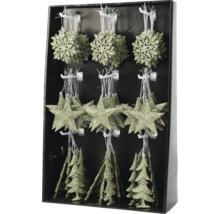 Verpackung mit Christbaumschmuck in Form von Sternen, Schneeflocken und Tannenbäumen