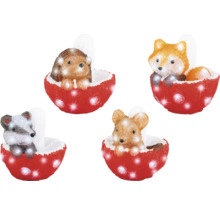 Dekorative Figuren: Igel, Fuchs, Waschbär und Maus in einer roten Pilzschale mit Beleuchtung
