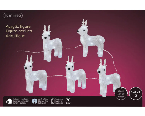 Fünf Acrylfiguren in Rentierform mit LED-Beleuchtung für den Innen- und Außenbereich, batteriebetrieben mit Timerfunktion