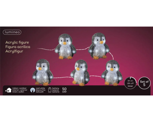 Fünf Acryl Pinguin Figuren mit LED-Beleuchtung für den Innen- und Außenbereich