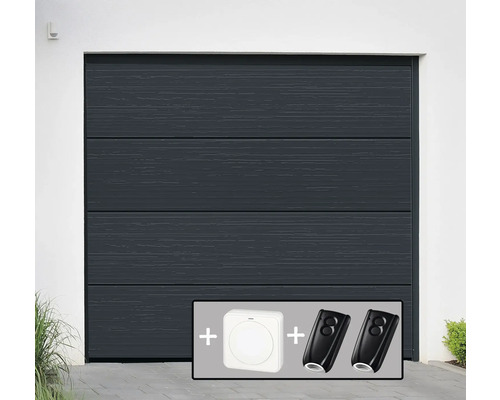 ARON Basic Garagentor Sektionaltor 40 mm L-Sicke Slategrain RAL 7016 anthrazitgrau 2500x2125 mm inkl. Garagentorantrieb, 2 x Zweikanal-Handsender, Innentaster IT1-1b Garagentor mit Antrieb und zwei Handsendern