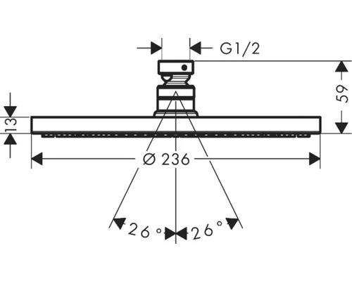 Technische Zeichnung eines Duschkopfes mit Maßangaben