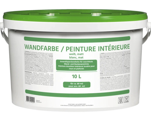 Wandfarbe weiß 10 l Eimer mit weißer, matter Innenfarbe für Wände und Decken, Inhalt 10 Liter