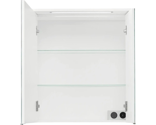 Geöffneter weißer Spiegelschrank mit zwei Glasböden