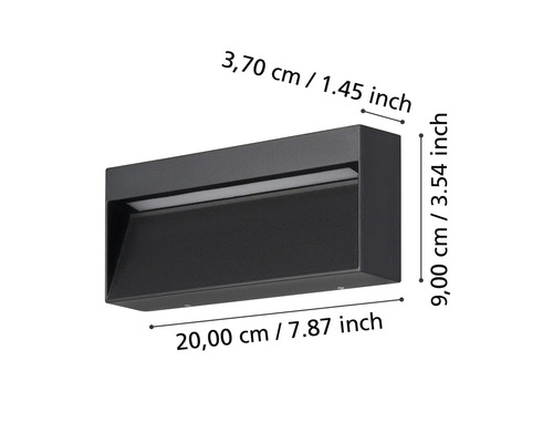 Schwarze Wandleuchte mit den Maßen 20 mal 9 mal 3,7 Zentimeter