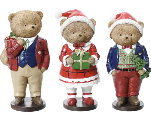 Weihnachtsdekoration Bär Polyresin 14,5 x 7 x 6,5 cm rot beige grün zufällige Motivauswahl Drei Weihnachtsfiguren in Bärenform mit Geschenken und Weihnachtsmannmütze