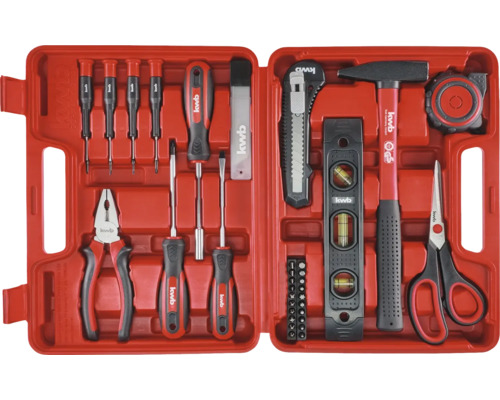 Werkzeugkoffer mit verschiedenen Werkzeugen wie Schraubendreher, Hammer, Zange, Cuttermesser und Wasserwaage