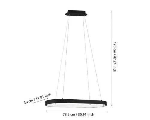 Ovale Hängeleuchte mit den Maßen 78,5 cm Länge, 30 cm Breite und 120 cm Höhe
