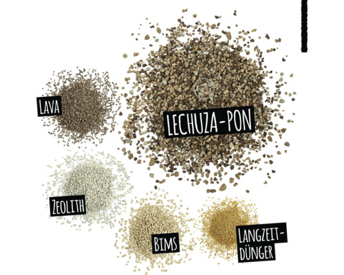 Verschiedene Arten von Pflanzsubstraten: Lava, Lechuza Pon, Zeolith, Bims und Langzeitdünger.