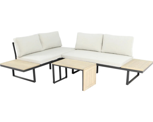 Gartenset mit Ecksofa, Beistelltisch und Ablagefläche aus Metall und Holz
