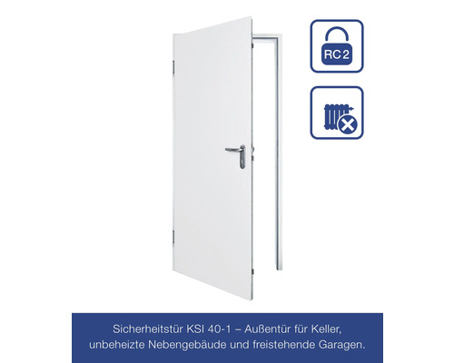 Geöffnete Sicherheitstür KSI 40-1 mit RC2 Sicherheitsstandard und Symbol für nicht beheizte Räume