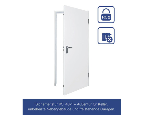Weiße Sicherheitstür mit RC2 Sicherheitsstandard und Symbol für nicht beheizte Räume