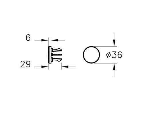 Technische Zeichnung eines Stopfens mit den Maßen 6, 29 und 36 mm Durchmesser.