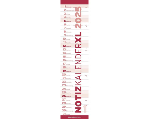 Streifenplaner Notizkalender XL Rot 2025 15x64 cm