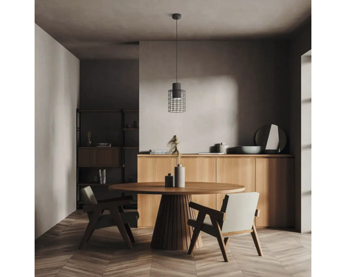 Esszimmer mit rundem Tisch, Stühlen und einer Pendelleuchte mit Käfigschirm
