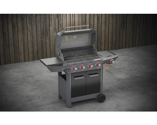 Gasgrill mit offenem Deckel, vier Brennern und Schrank