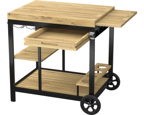 Servierwagen aus Holz mit Ablageflächen und Rädern
