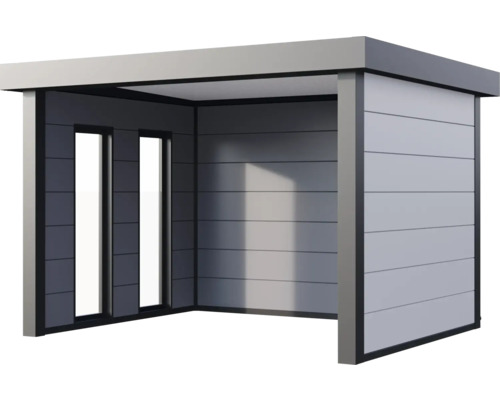 Moderne Gartenlaube mit horizontalen Wandelementen und großzügiger Öffnung