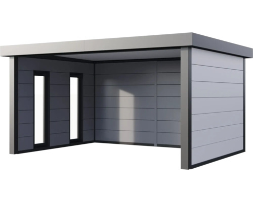 Moderne Gerätehaus-Konstruktion mit horizontaler Paneelverkleidung und zwei vertikalen Fenstern