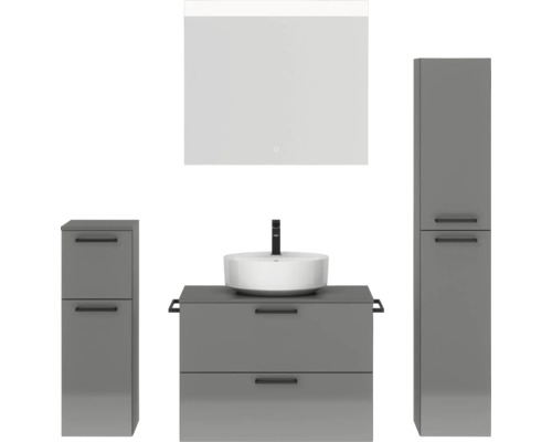 Badmöbel-Set NOBILIA Modern BxHxT 160 x 169,1 x 49 cm Frontfarbe grau hochglanz mit Spiegel mit LED-Beleuchtung Unterschrank Midischrank Griff schwarz 676 Modernes Badezimmer-Set mit Waschtisch, Spiegel und Hochschrank