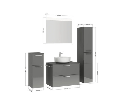 Badezimmermöbelset mit Waschtisch, Waschbecken, Spiegelschrank und Hochschrank mit Maßangaben