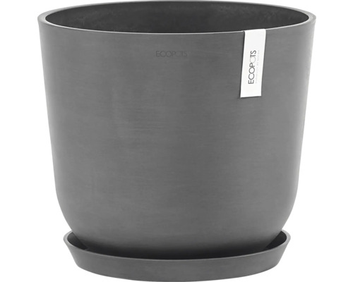 Dunkelgrauer Pflanztopf aus Kunststoff mit Untersetzer