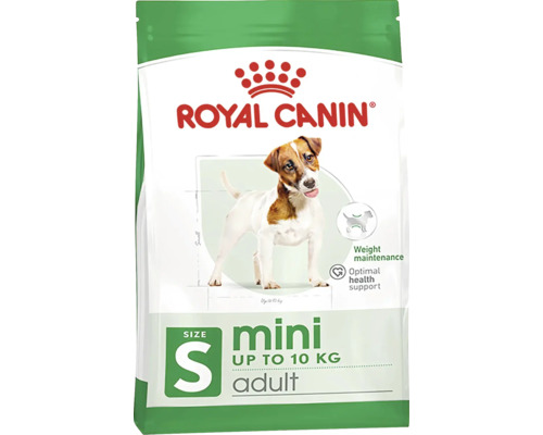 Royal Canin Logo. Verpackung Royal Canin Mini Adult Hundetrockenfutter bis 10 Kilogramm für kleine Rassen. Gewichtserhaltung. Optimale Gesundheitsunterstützung.