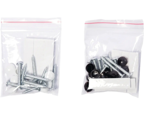 Zwei Beutel mit Schrauben und Abdeckkappen