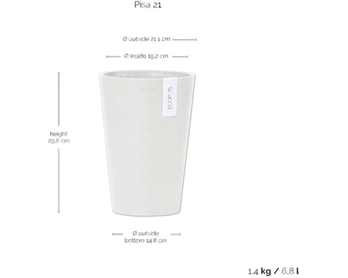 Pisa 21 Pflanztopf mit Maßangaben zu Höhe und Durchmesser