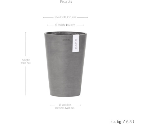 Pisa 21 Pflanzgefäß mit Maßangaben zu Höhe, Durchmesser oben und Durchmesser unten