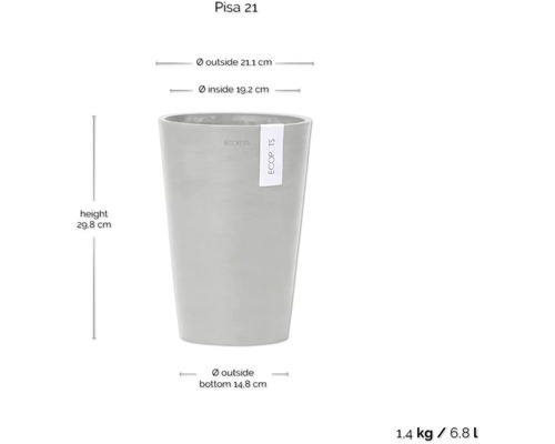 Pisa 21 Pflanztopf mit den Maßen Höhe 29,8 cm, Außendurchmesser 21,1 cm, Innendurchmesser 19,2 cm und Außendurchmesser unten 14,8 cm.
