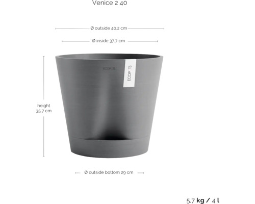 Grauer Venice 2 40 Pflanztopf mit Größenangaben