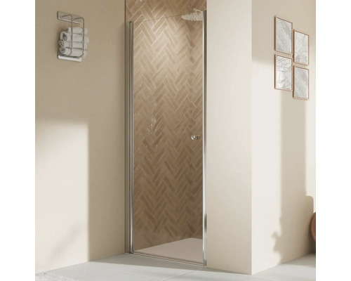 Duschtür in Nische mit Drehtür BREUER Elana 2.0 Express Q72 90 x 200 cm Profil silber Klarglas schmutzabweisende Glasbeschichtung Türanschlag links Badezimmer mit Dusche und Handtuchhalter an der Wand
