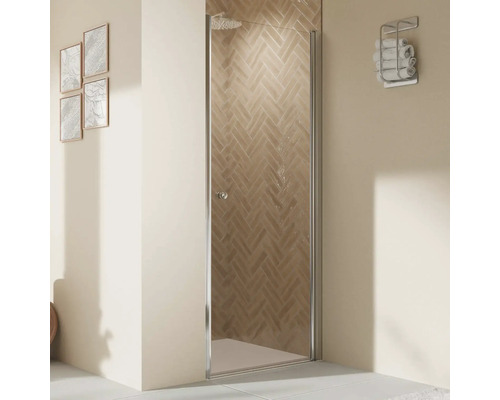 Duschtür in Nische mit Drehtür BREUER Elana 2.0 Express Q72 90 x 200 cm Profil silber Klarglas schmutzabweisende Glasbeschichtung Türanschlag rechts Badezimmer mit Duschtür aus Glas und Armaturen